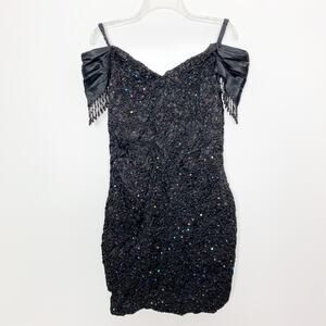 Vintage Bari Jay Union Made Black Beaded Sequin Off The Shoulder Dress